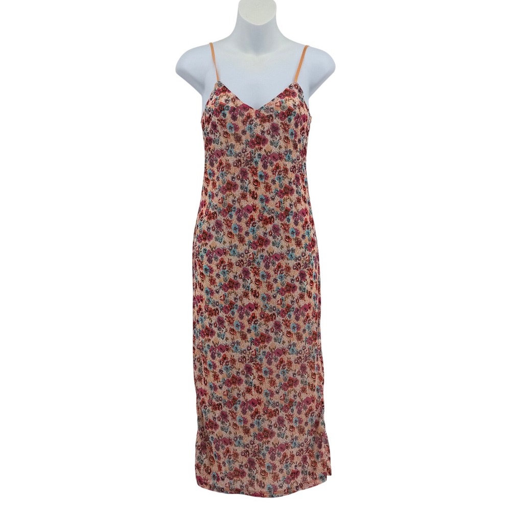 AFRM Floral Mesh Midi Dress Women Small Orange Pink V-Neck Spaghetti Strap Slip